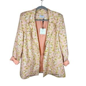Dress Forum Floral Pastel Blazer Open Front Pink Yellow White Size M Linen Blend